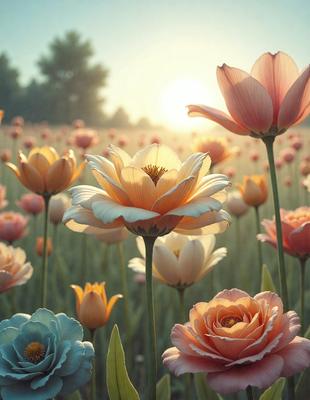 The primary subject of the image is a field of flowers, with a variety of different colored flowers blooming in the sunlight. The setting is a lush, green field, and the visual style is a realistic, natural representation of the flowers. The colors and mood of the image are vibrant and cheerful, with the sunlight illuminating the flowers and creating a sense of warmth and beauty.